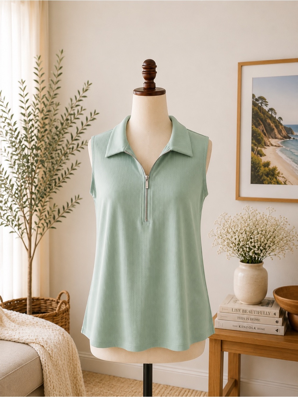 Imily Bela Ribbed Zip Neck Tank Top Size Large Mint Green Casual Chic